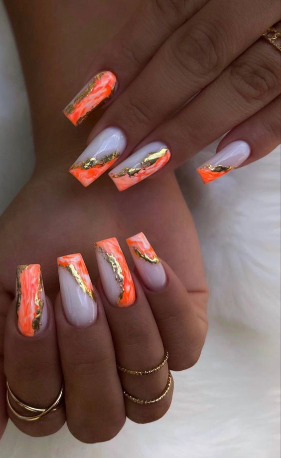 Marbled Orange and Gold Nails